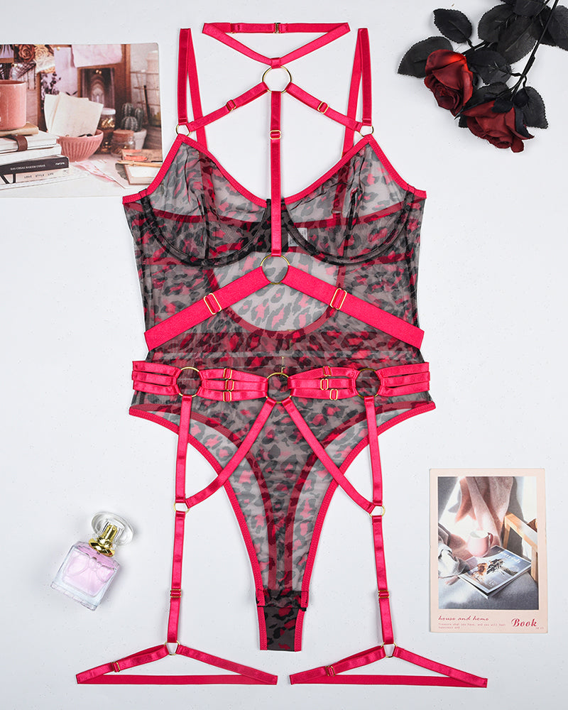 Leopard Mesh Bodysuit with Steel Ring